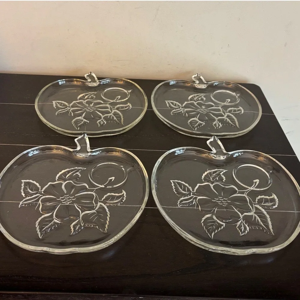 Vintage Hazel Atlas‎ Apple Blossom | Set of 4 | Clear Glass | Snack Plates Only
